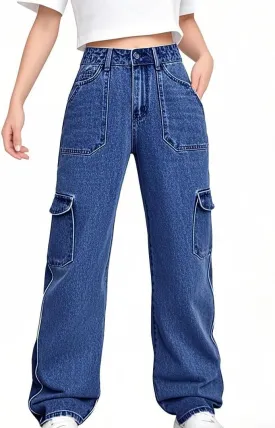 Womens Denim Cargo Pants Flap Pocket High Waisted Stretchy Straight Wide Leg Jeans Womens Denim Cargo Pants Flap Pocket High Waisted Stretchy Straight Wide Leg Jeans