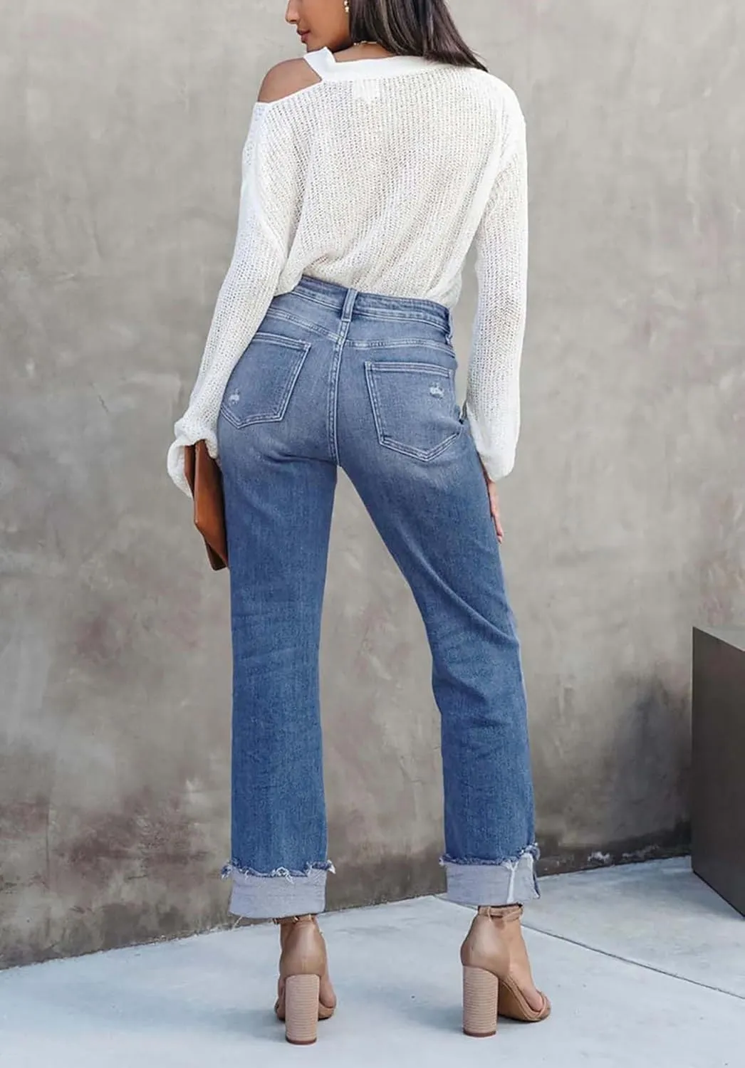 Womens Denim Cargo Pants Flap Pocket High Waisted Stretchy Straight Wide Leg Jeans