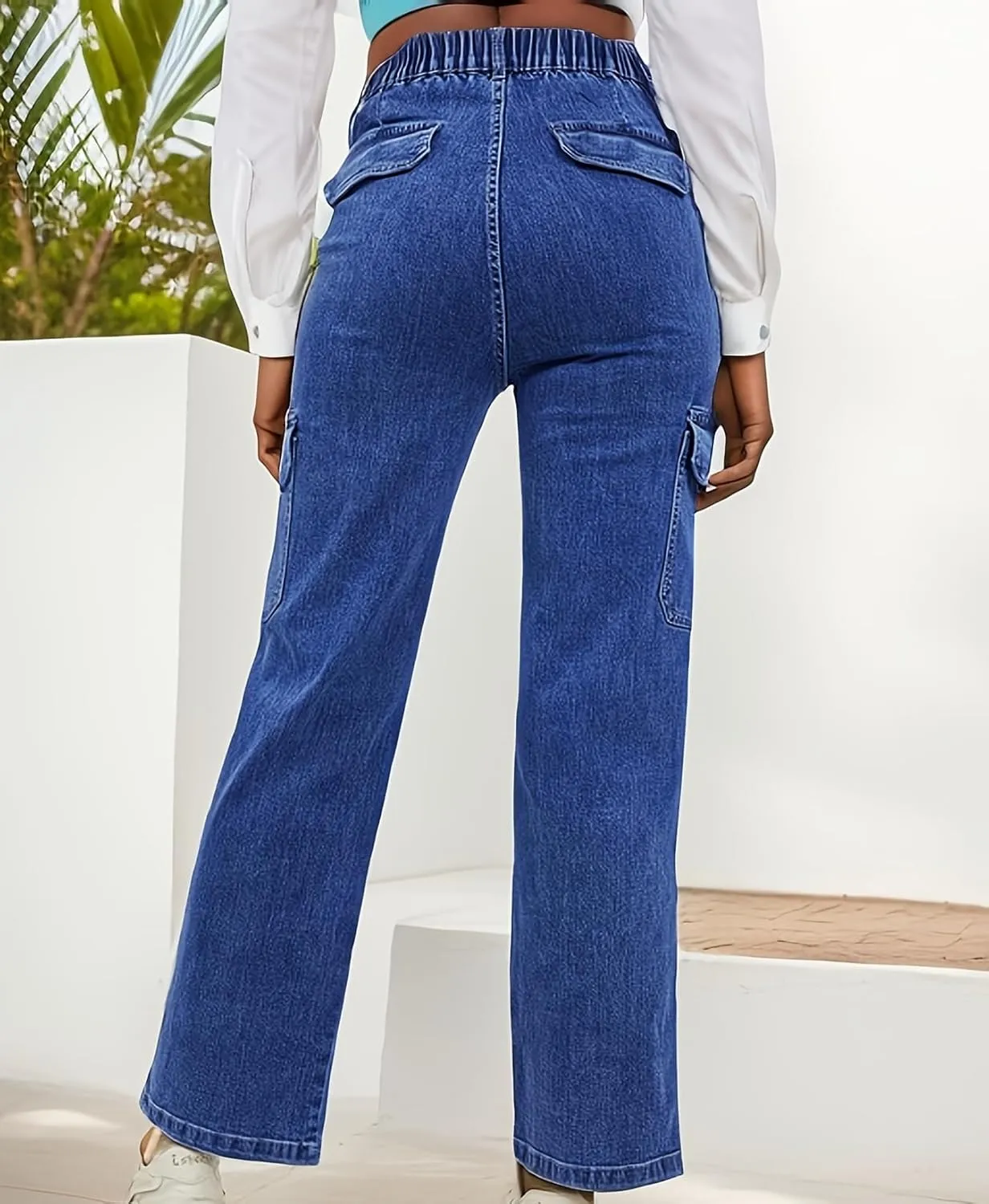 Womens Denim Cargo Pants Flap Pocket High Waisted Stretchy Straight Wide Leg Jeans