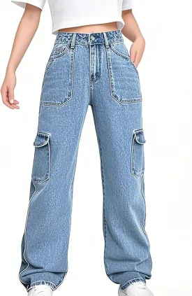 Womens Denim Cargo Pants Flap Pocket High Waisted Stretchy Straight Wide Leg Jeans Womens Denim Cargo Pants Flap Pocket High Waisted Stretchy Straight Wide Leg Jeans