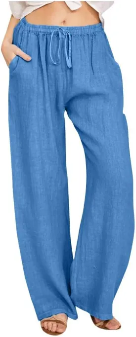 Women's Linen Pants Summer, Wide Leg, High Waisted, Drawstring, Beach Trousers, Blue, Size 0-22 Women's Linen Pants Summer, Wide Leg, High Waisted, Drawstring, Beach Trousers, Blue, Size 0-22