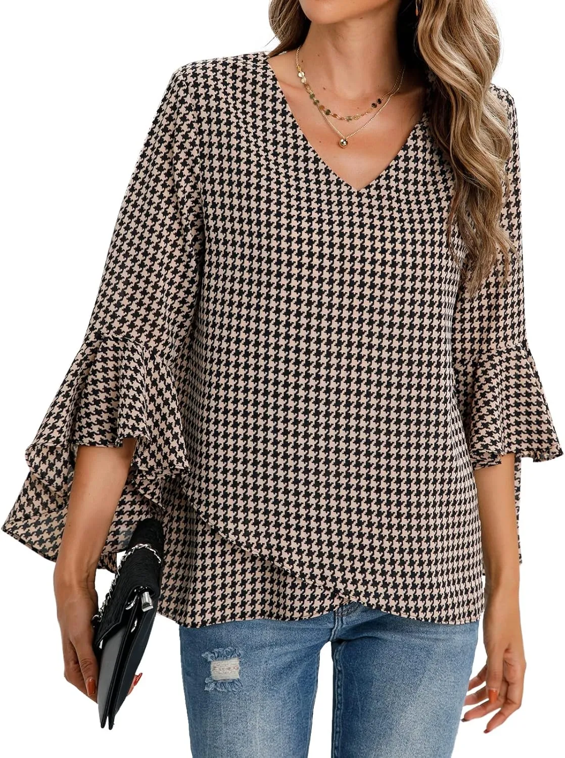 Womens Summer Chiffon Blouses Floral Print V-Neck Bell Sleeve Tops Dressy Casual T-Shirts Fashion 2024
