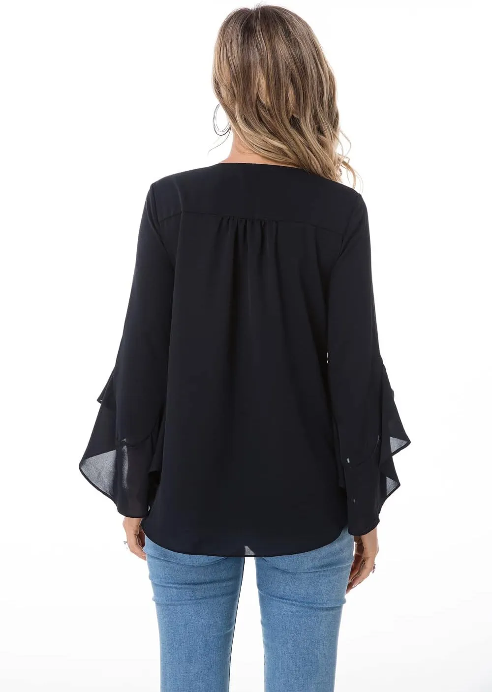 Womens Summer Chiffon Blouses Floral Print V-Neck Bell Sleeve Tops Dressy Casual T-Shirts Fashion 2024