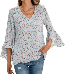 Womens Summer Chiffon Blouses Floral Print V-Neck Bell Sleeve Tops Dressy Casual T-Shirts Fashion 2024