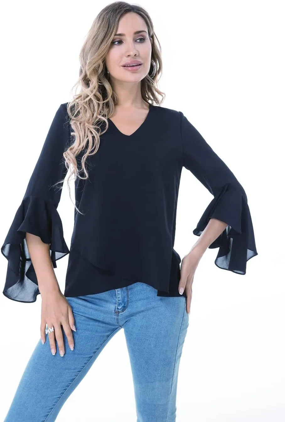 Womens Summer Chiffon Blouses Floral Print V-Neck Bell Sleeve Tops Dressy Casual T-Shirts Fashion 2024