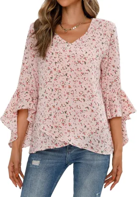 Womens Summer Chiffon Blouses Floral Print V-Neck Bell Sleeve Tops Dressy Casual T-Shirts Fashion 2024