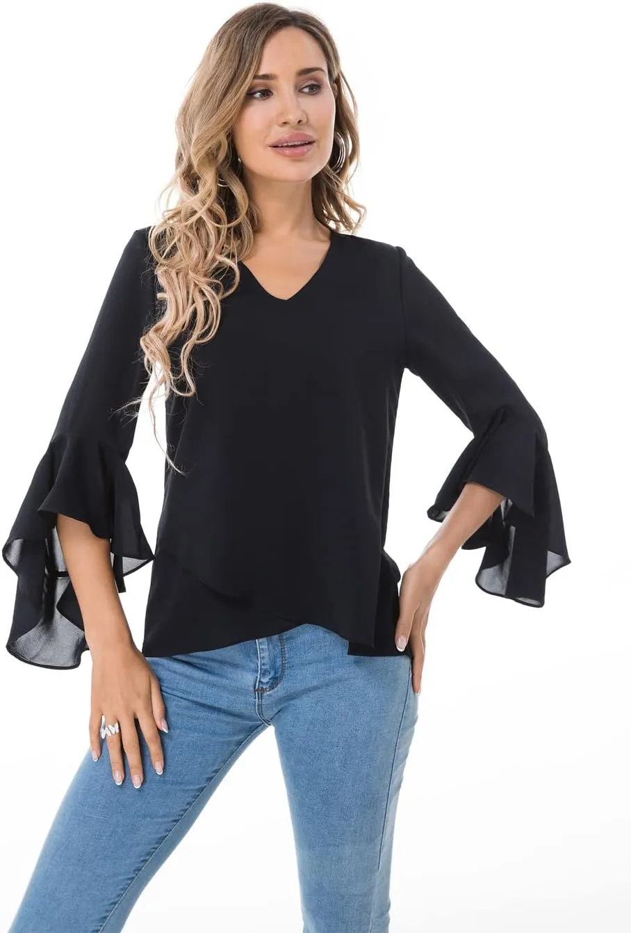 Womens Summer Chiffon Blouses Floral Print V-Neck Bell Sleeve Tops Dressy Casual T-Shirts Fashion 2024