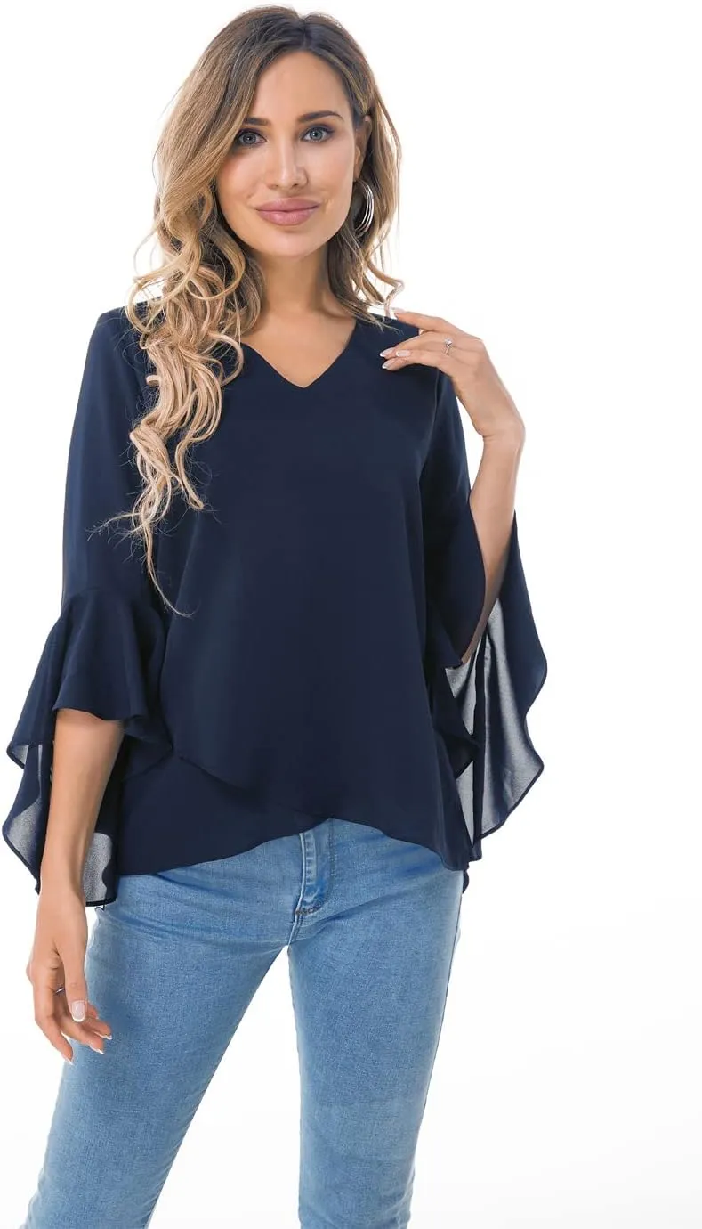 Womens Summer Chiffon Blouses Floral Print V-Neck Bell Sleeve Tops Dressy Casual T-Shirts Fashion 2024