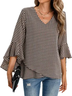 Womens Summer Chiffon Blouses Floral Print V-Neck Bell Sleeve Tops Dressy Casual T-Shirts Fashion 2024