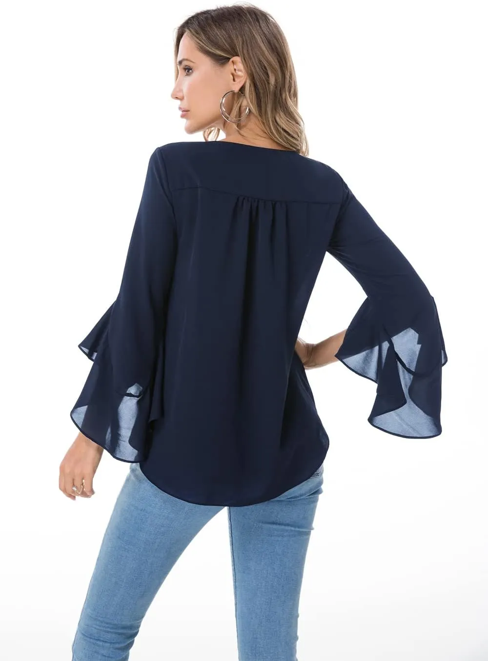 Womens Summer Chiffon Blouses Floral Print V-Neck Bell Sleeve Tops Dressy Casual T-Shirts Fashion 2024