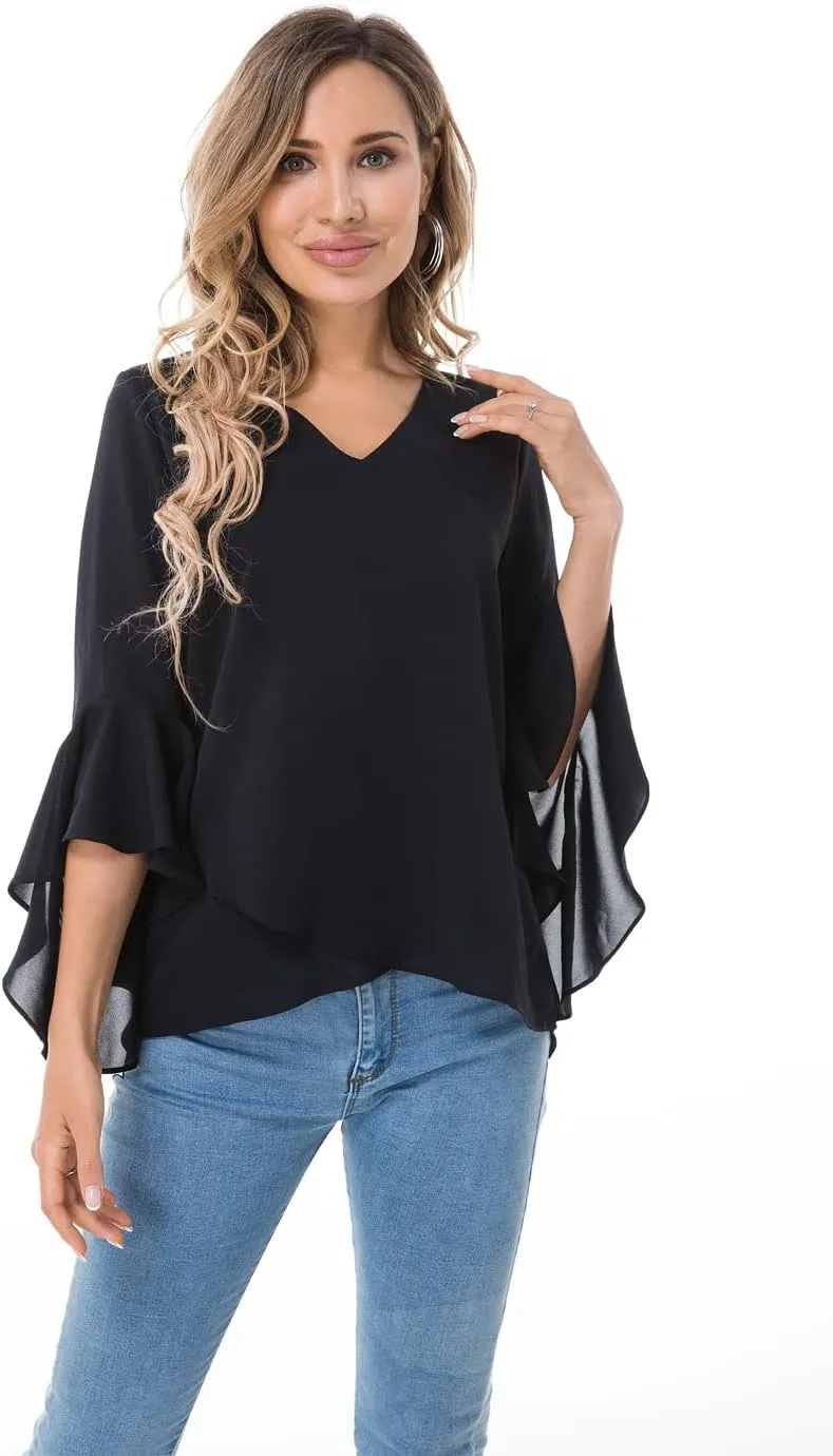 Womens Summer Chiffon Blouses Floral Print V-Neck Bell Sleeve Tops Dressy Casual T-Shirts Fashion 2024