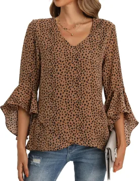 Womens Summer Chiffon Blouses Floral Print V-Neck Bell Sleeve Tops Dressy Casual T-Shirts Fashion 2024