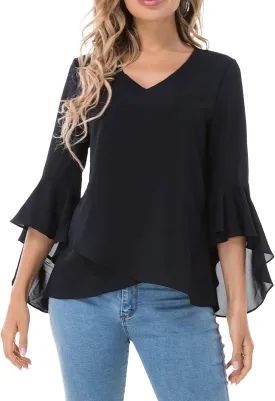 Womens Summer Chiffon Blouses Floral Print V-Neck Bell Sleeve Tops Dressy Casual T-Shirts Fashion 2024