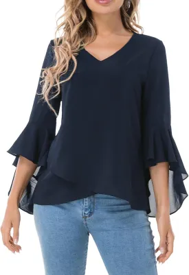 Womens Summer Chiffon Blouses Floral Print V-Neck Bell Sleeve Tops Dressy Casual T-Shirts Fashion 2024 Womens Summer Chiffon Blouses Floral Print V-Neck Bell Sleeve Tops Dressy Casual T-Shirts Fashion 2024