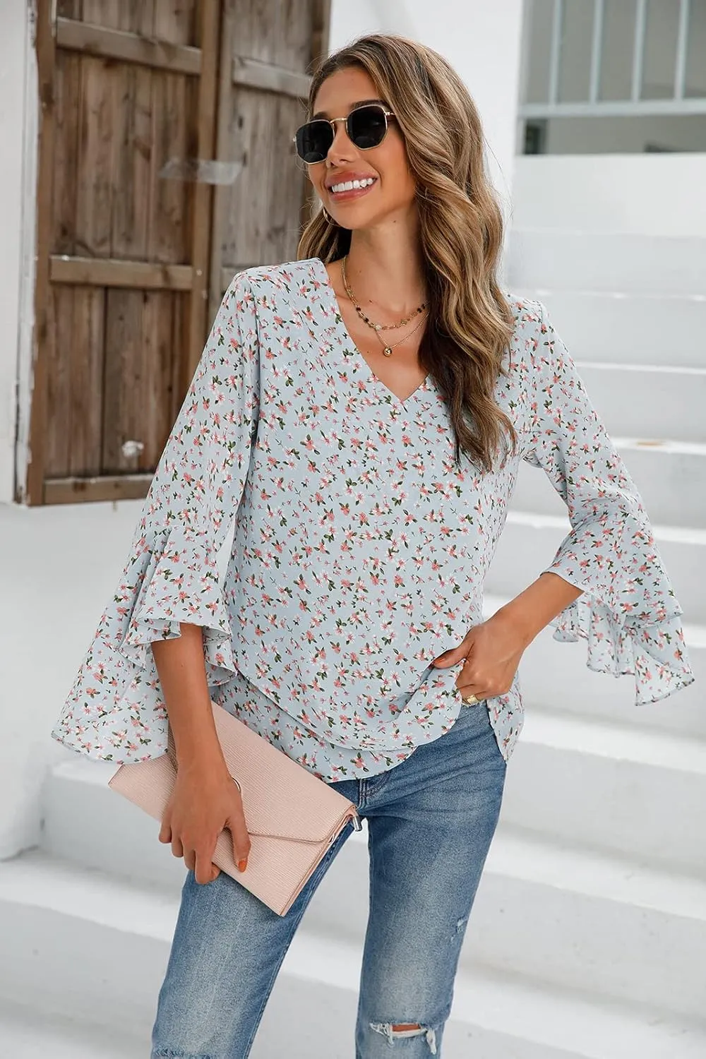 Womens Summer Chiffon Blouses Floral Print V-Neck Bell Sleeve Tops Dressy Casual T-Shirts Fashion 2024