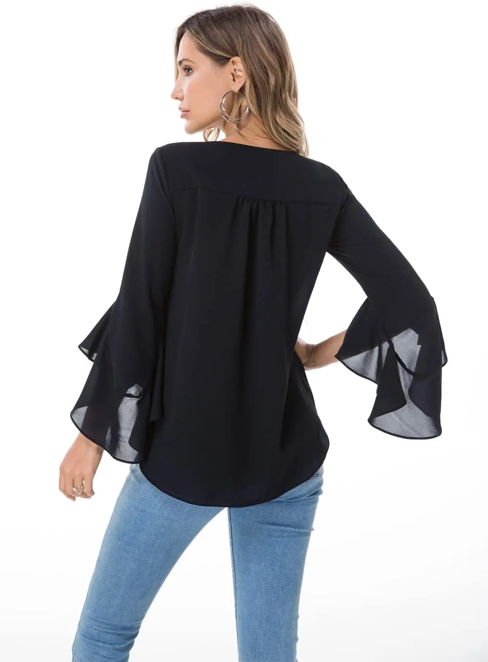 Womens Summer Chiffon Blouses Floral Print V-Neck Bell Sleeve Tops Dressy Casual T-Shirts Fashion 2024