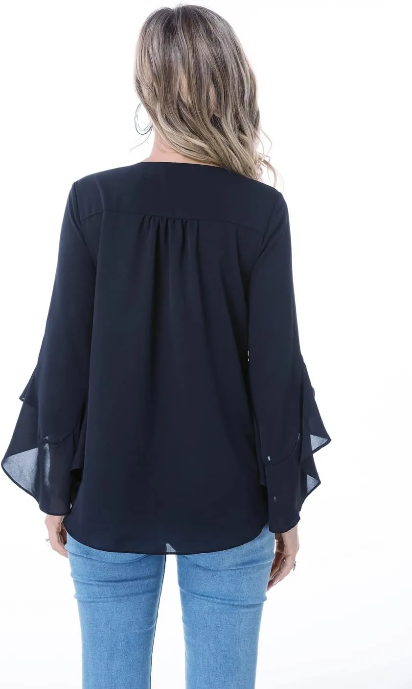 Womens Summer Chiffon Blouses Floral Print V-Neck Bell Sleeve Tops Dressy Casual T-Shirts Fashion 2024