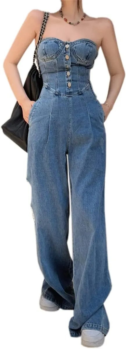 Women's Vintage High Rise Straight Denim Jumpsuit Sexy Strapless Backless Jeans Rompers
