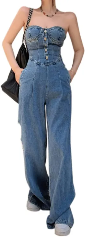 Women's Vintage High Rise Straight Denim Jumpsuit Sexy Strapless Backless Jeans Rompers Women's Vintage High Rise Straight Denim Jumpsuit Sexy Strapless Backless Jeans Rompers