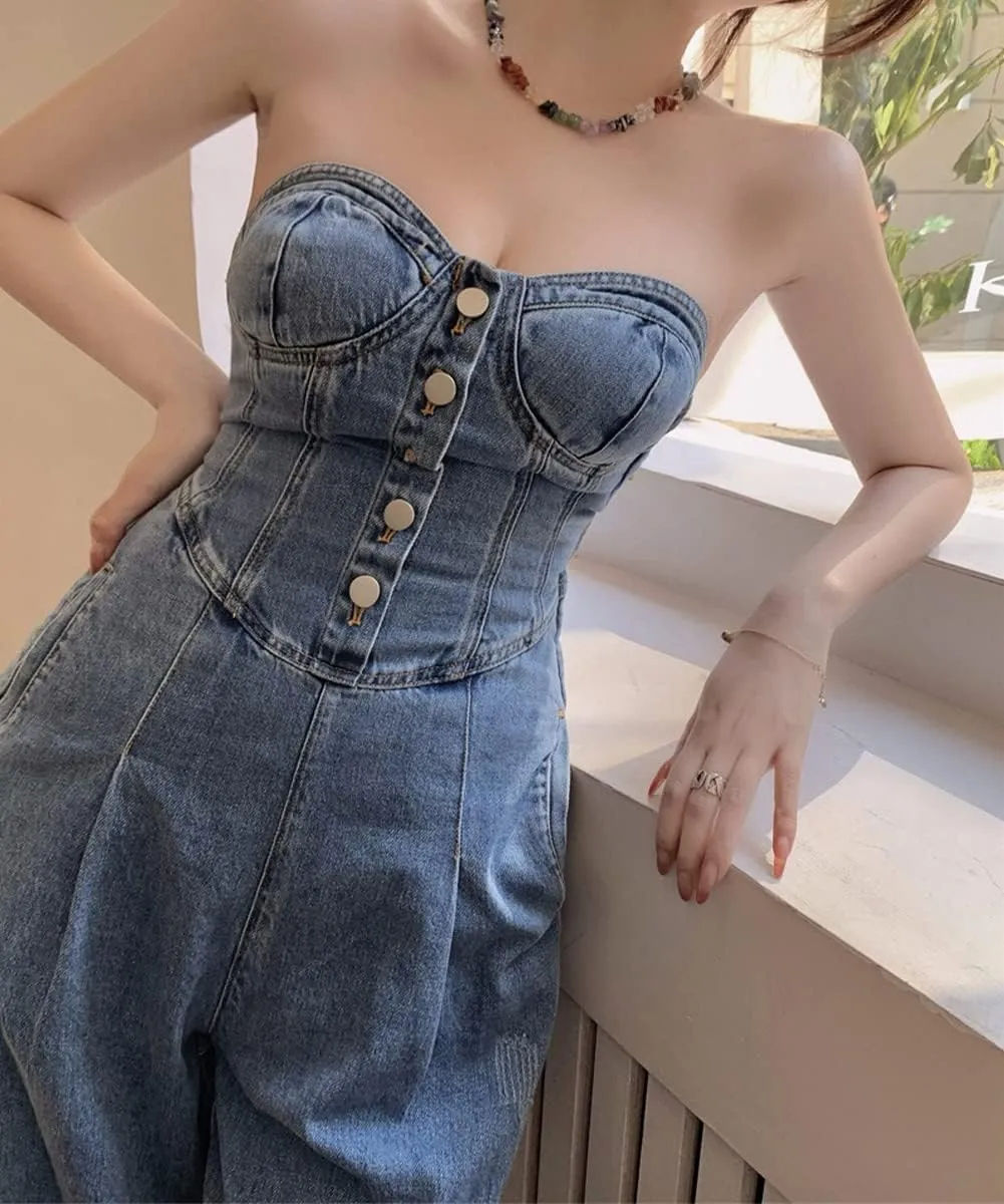 Women's Vintage High Rise Straight Denim Jumpsuit Sexy Strapless Backless Jeans Rompers