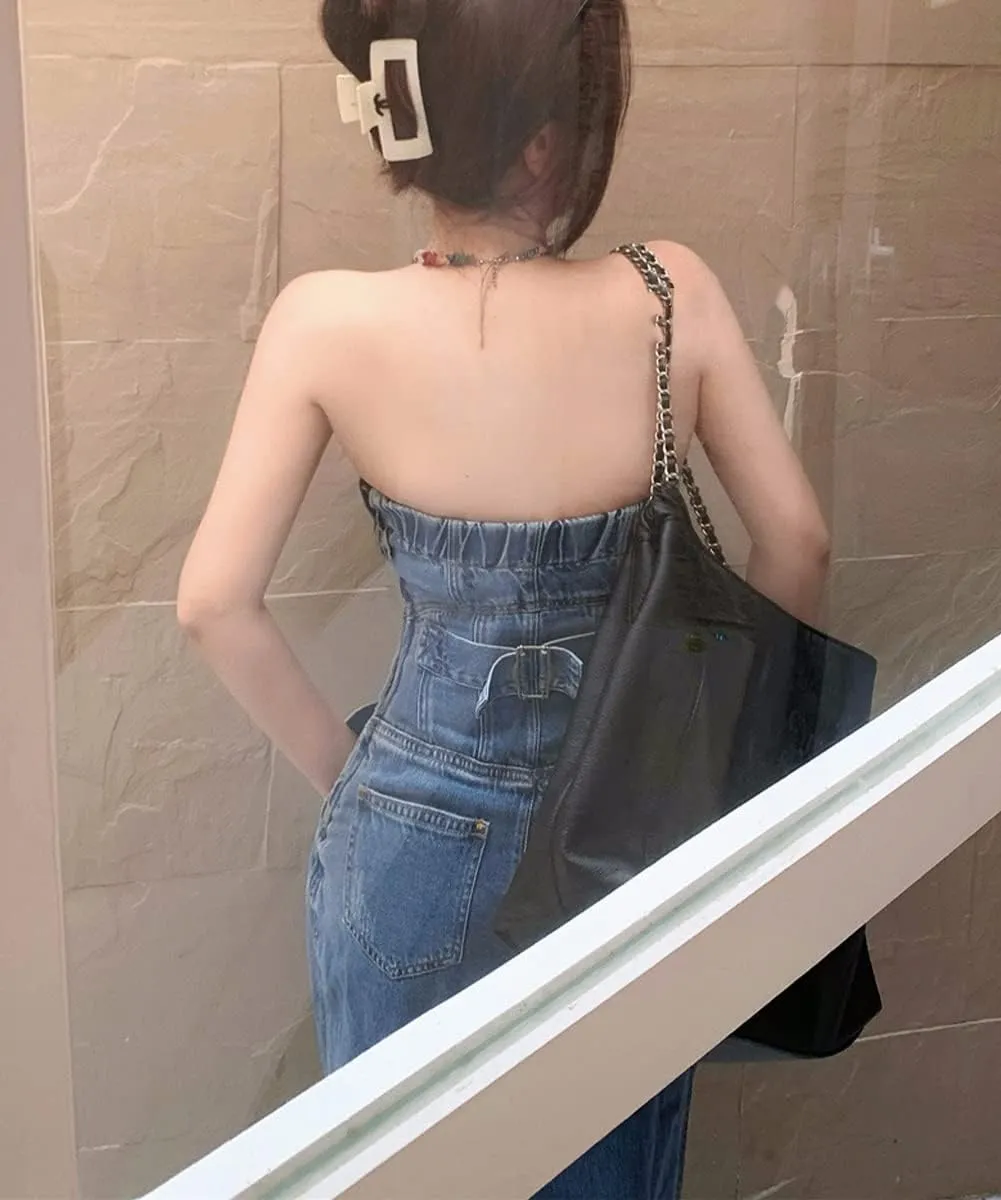 Women's Vintage High Rise Straight Denim Jumpsuit Sexy Strapless Backless Jeans Rompers