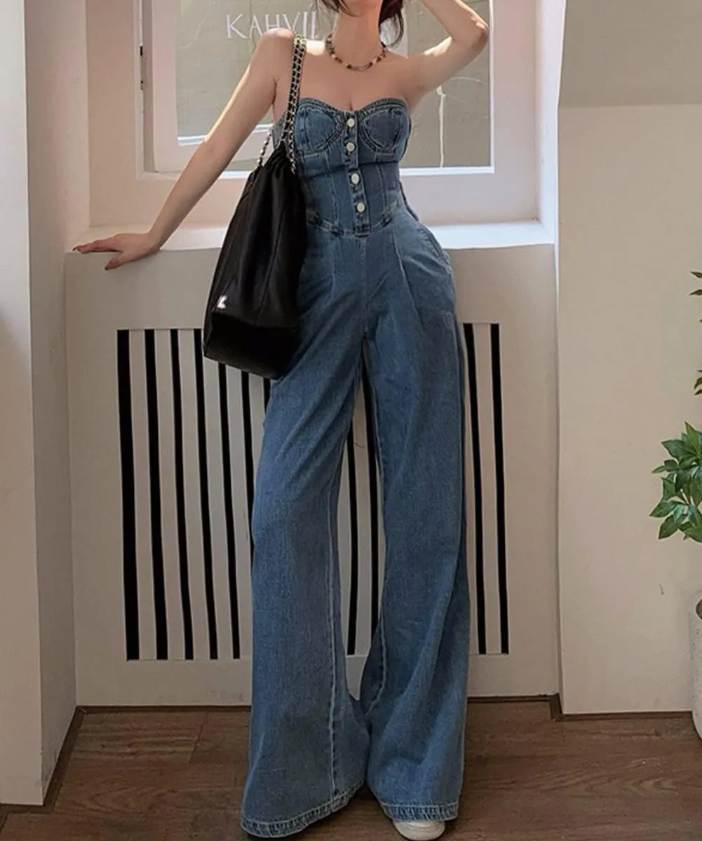 Women's Vintage High Rise Straight Denim Jumpsuit Sexy Strapless Backless Jeans Rompers