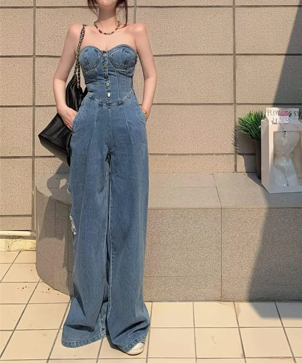 Women's Vintage High Rise Straight Denim Jumpsuit Sexy Strapless Backless Jeans Rompers
