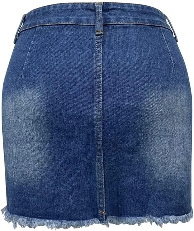 XYGJZ Ripped Jean Skirts for Women Casual Frayed Raw Hem Denim Mini Skirt
