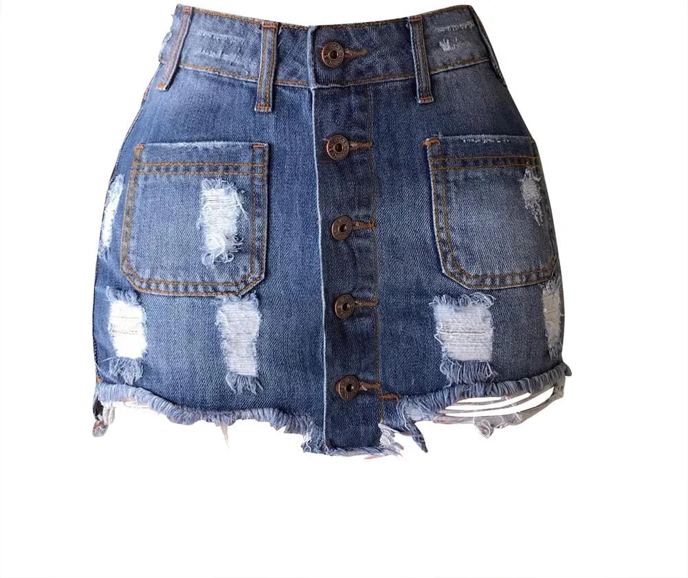 XYGJZ Ripped Jean Skirts for Women Casual Frayed Raw Hem Denim Mini Skirt