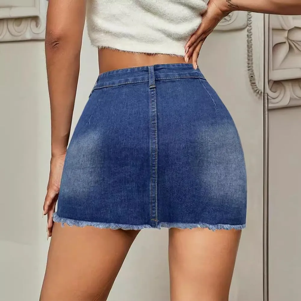 XYGJZ Ripped Jean Skirts for Women Casual Frayed Raw Hem Denim Mini Skirt