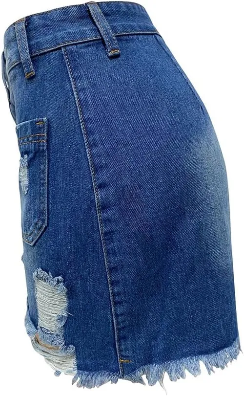 XYGJZ Ripped Jean Skirts for Women Casual Frayed Raw Hem Denim Mini Skirt