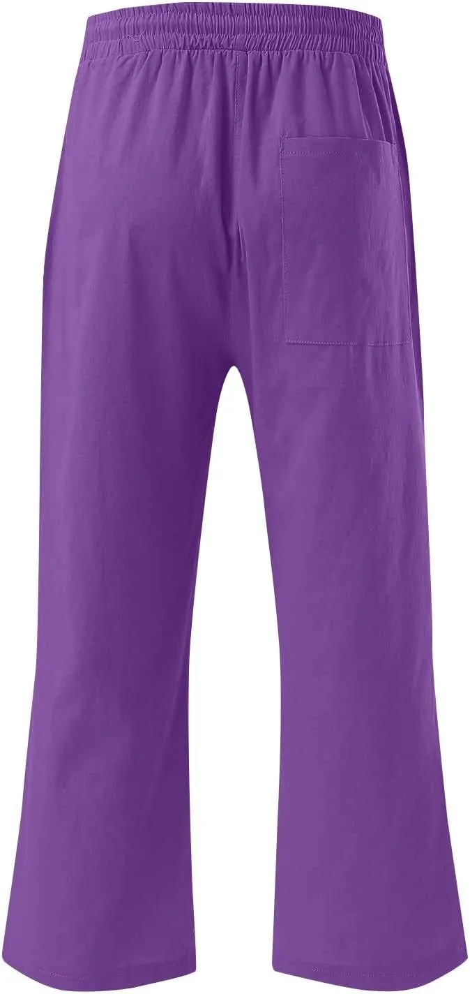 Yesunpxs Womens Capri Pants Summer Casual Soild Drawstring Elastic High Waist Linen Pants Wide Leg Plus Size Lounge Trousers