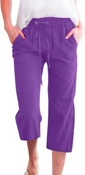 Yesunpxs Womens Capri Pants Summer Casual Soild Drawstring Elastic High Waist Linen Pants Wide Leg Plus Size Lounge Trousers Yesunpxs Womens Capri Pants Summer Casual Soild Drawstring Elastic High Waist Linen Pants Wide Leg Plus Size Lounge Trousers