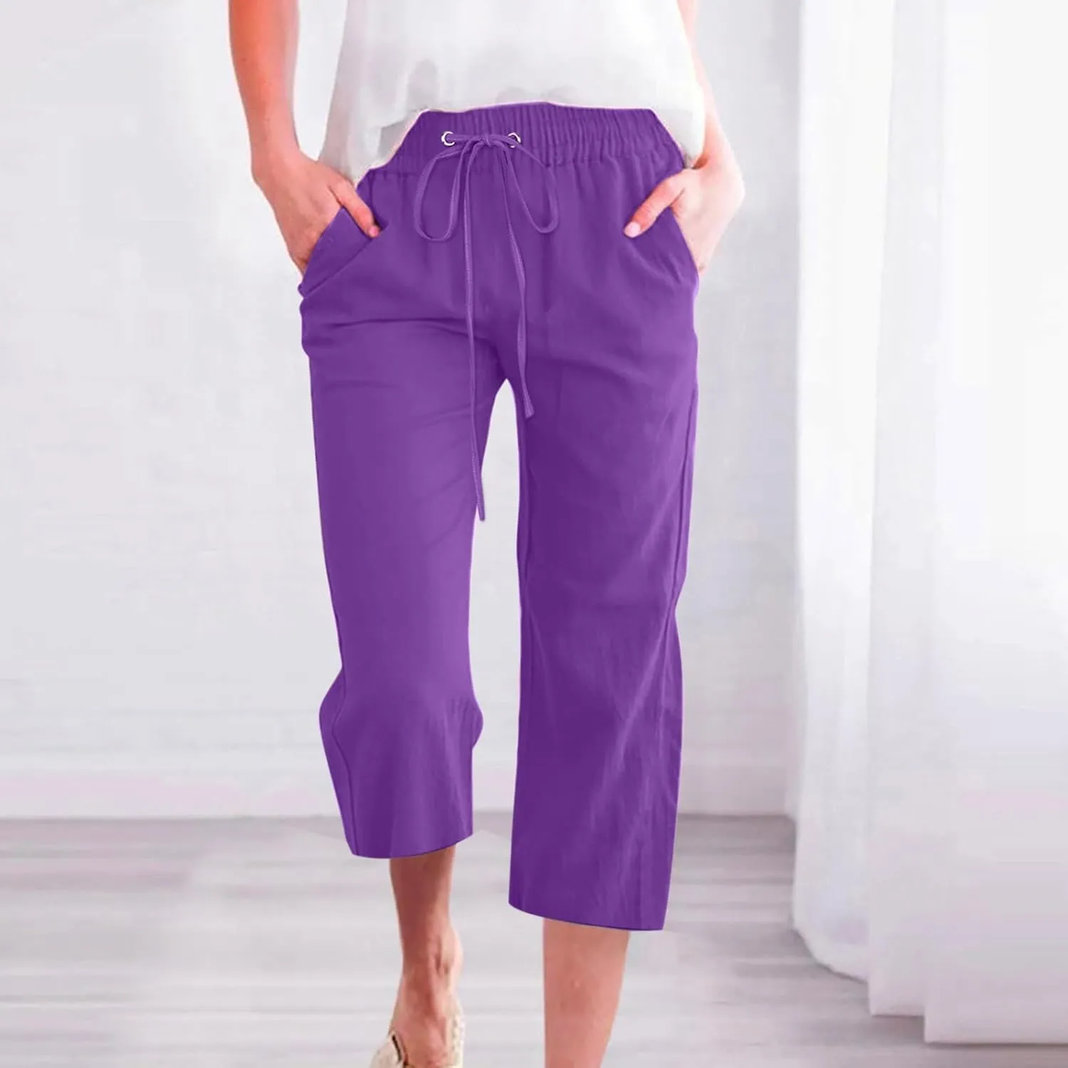 Yesunpxs Womens Capri Pants Summer Casual Soild Drawstring Elastic High Waist Linen Pants Wide Leg Plus Size Lounge Trousers
