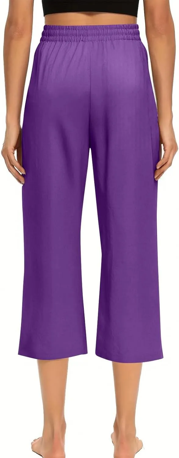Yesunpxs Womens Capri Pants Summer Casual Soild Drawstring Elastic High Waist Linen Pants Wide Leg Plus Size Lounge Trousers