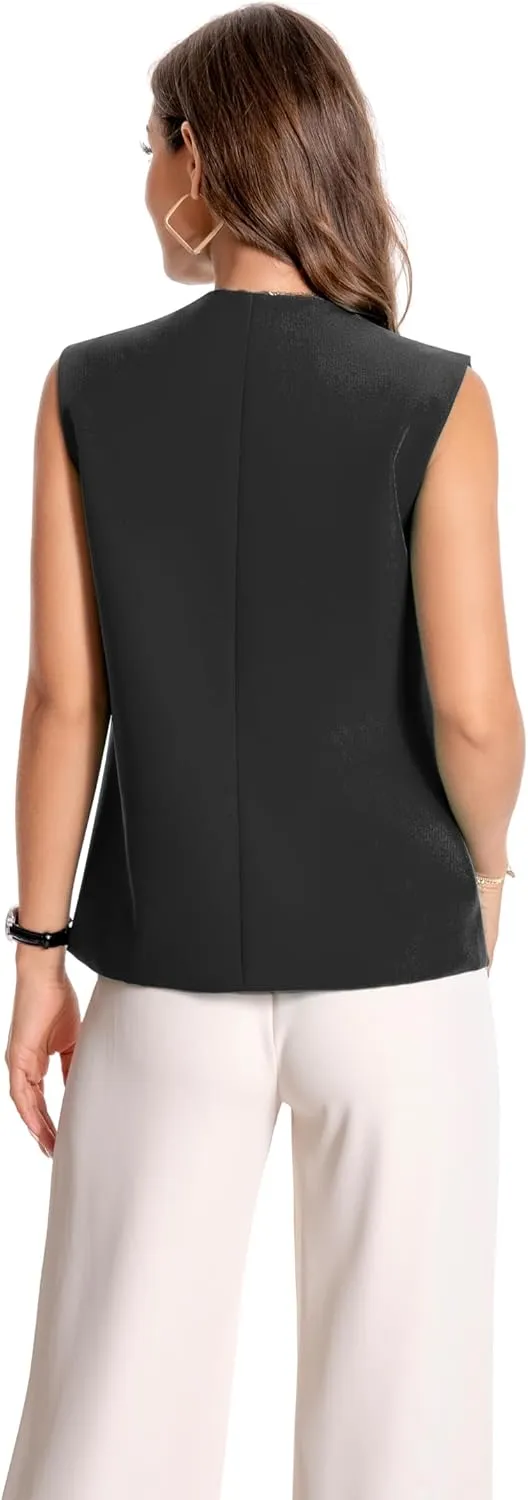 YYNUDA Women's Vest One Front Solid V Neck Casual Lightweight Sleeveless Blazer Waistcoat with Pockets