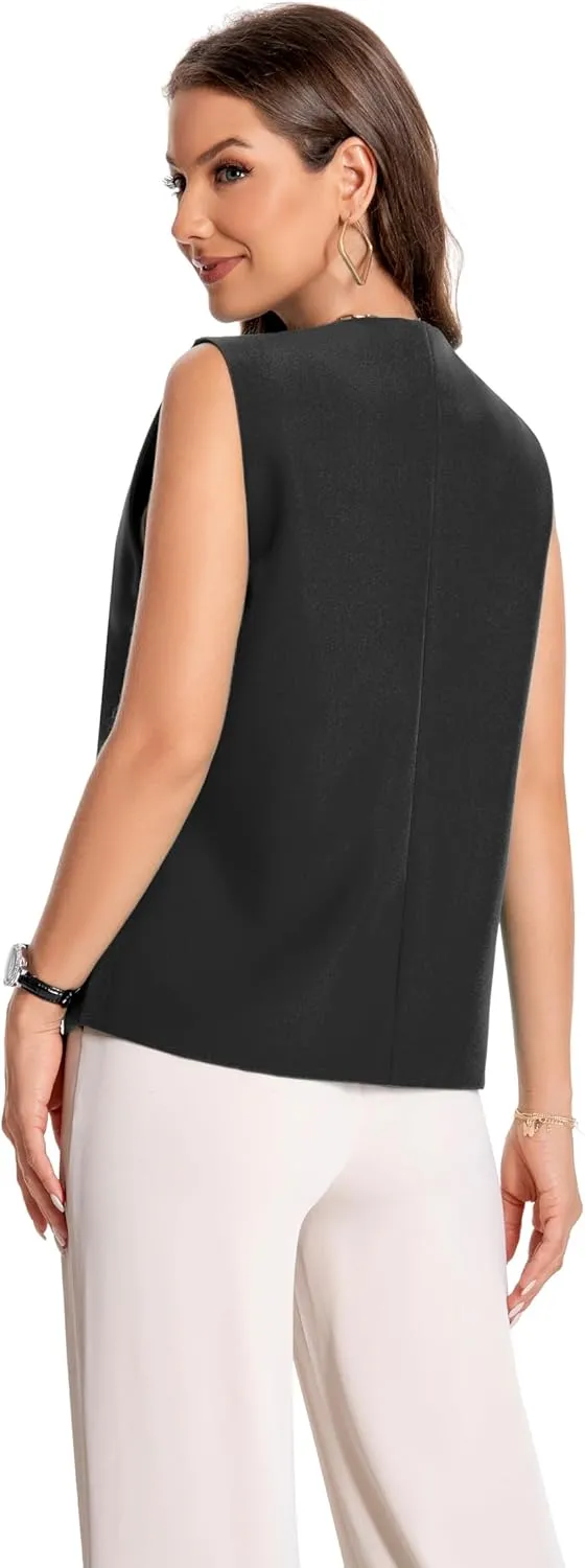 YYNUDA Women's Vest One Front Solid V Neck Casual Lightweight Sleeveless Blazer Waistcoat with Pockets