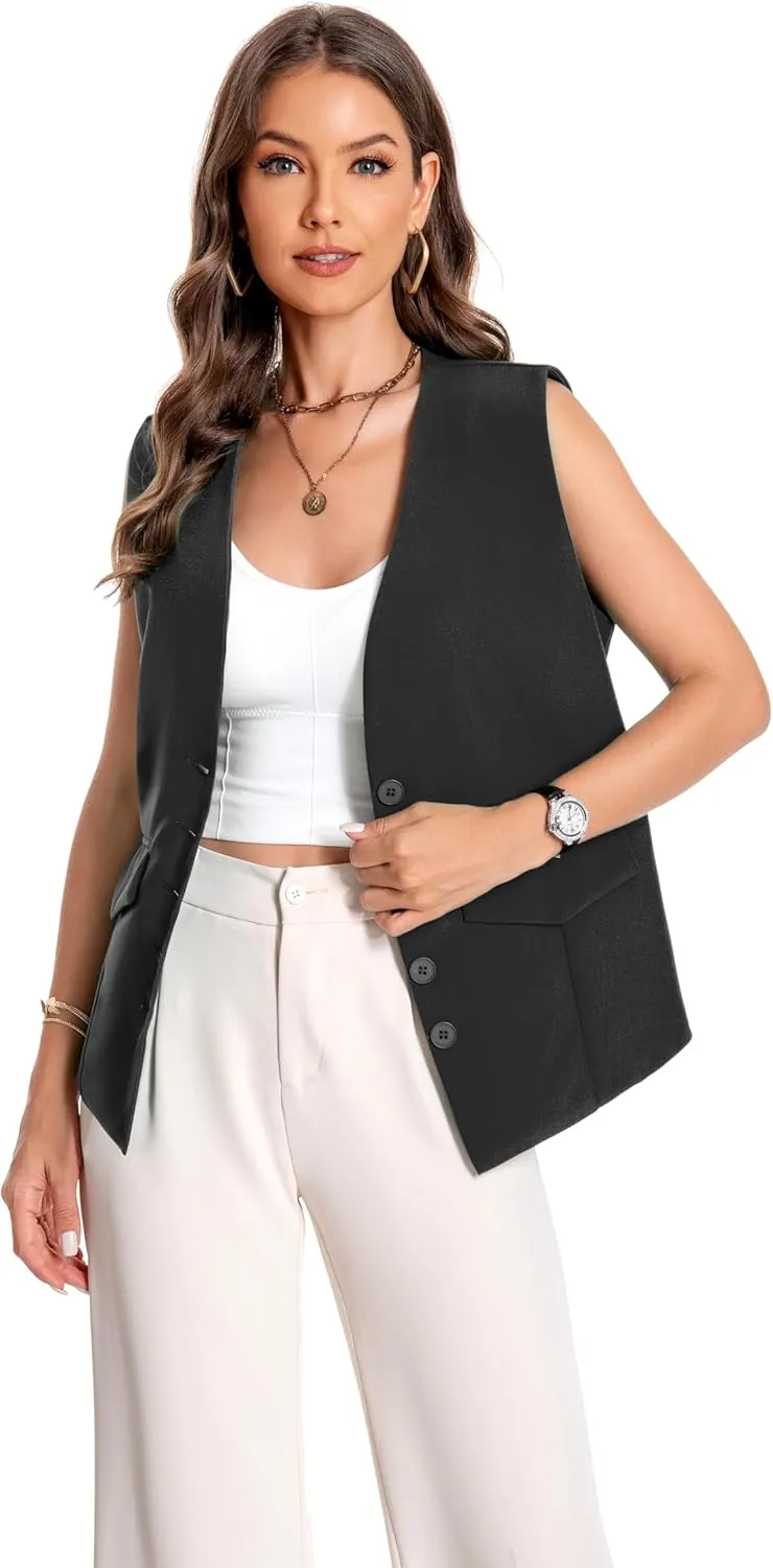 YYNUDA Women's Vest One Front Solid V Neck Casual Lightweight Sleeveless Blazer Waistcoat with Pockets