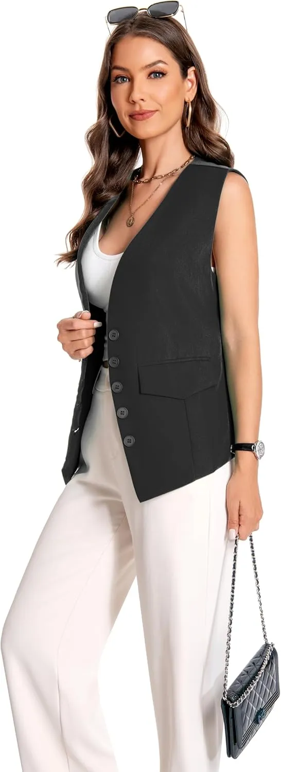 YYNUDA Women's Vest One Front Solid V Neck Casual Lightweight Sleeveless Blazer Waistcoat with Pockets