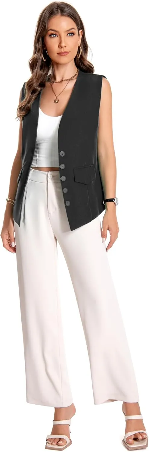 YYNUDA Women's Vest One Front Solid V Neck Casual Lightweight Sleeveless Blazer Waistcoat with Pockets